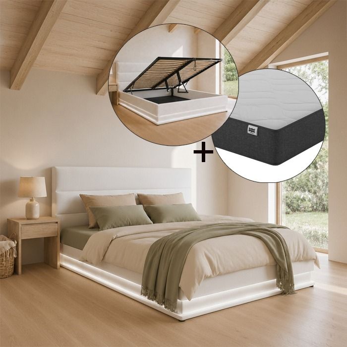 Cama de matrimonio canapé Nitas en color blanco con colchón (150x190cm)