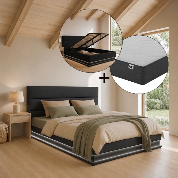 Cama de matrimonio canapé Nitas en color negro con colchón (150x190cm)