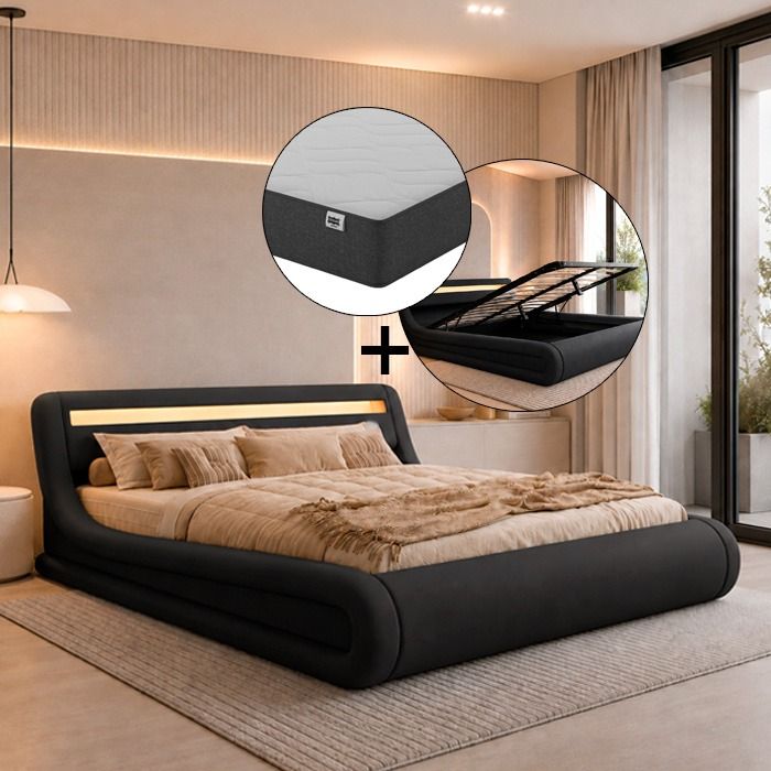 Cama de matrimonio con canapé Rodas en color negro con colchón (180x200cm)
