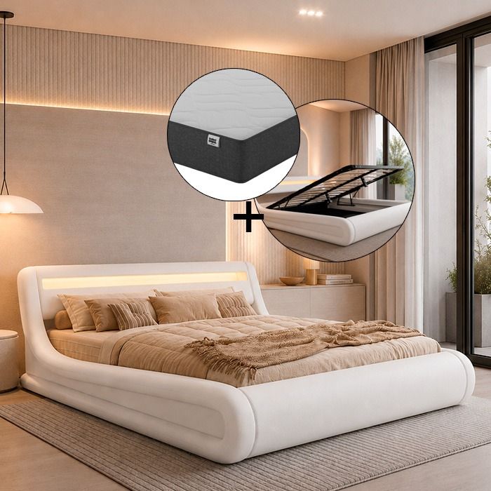Cama de matrimonio con canapé Rodas en color blanco con colchón (150x190cm)