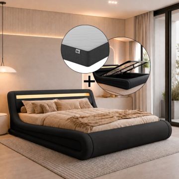 Cama de matrimonio con canapé Rodas en color negro con colchón (150x190cm)